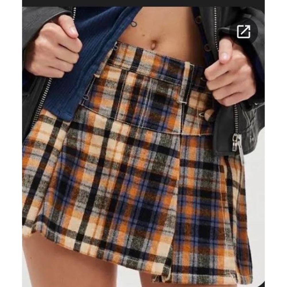 Free People Blue Orange Plaid Pleated Mini Skort Size 6